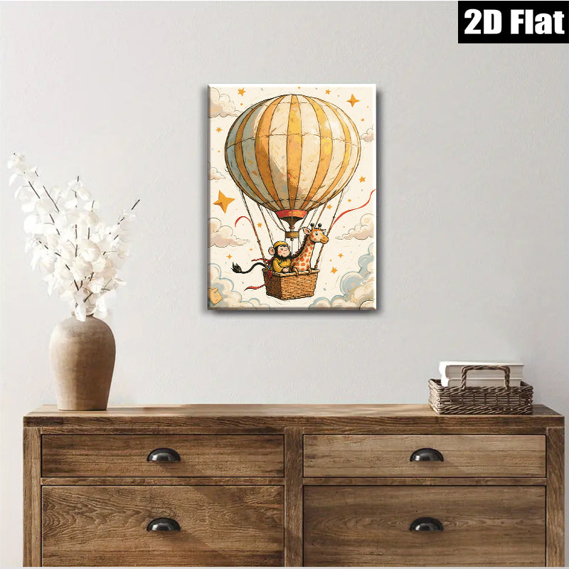2D flat 1pc Whimsical Monkey Giraffe Hot Air Balloon Ride Kids Room Nursery Decor Wall Art Canvas Print Modern Farmhouse Living Room Decor Gift Idea