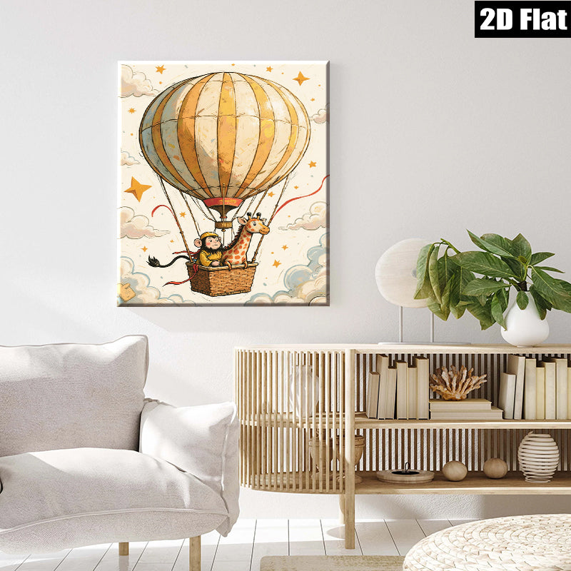 2D flat 1pc Whimsical Monkey Giraffe Hot Air Balloon Ride Kids Room Nursery Decor Wall Art Canvas Print Modern Farmhouse Living Room Decor Gift Idea