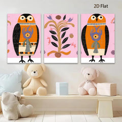 2D flat 1pc Whimsical Owl Pair Botanical Illustration Gallery Wall Art Decor Living Room Bedroom Modern Farmhouse Style Colorful Accent Piece