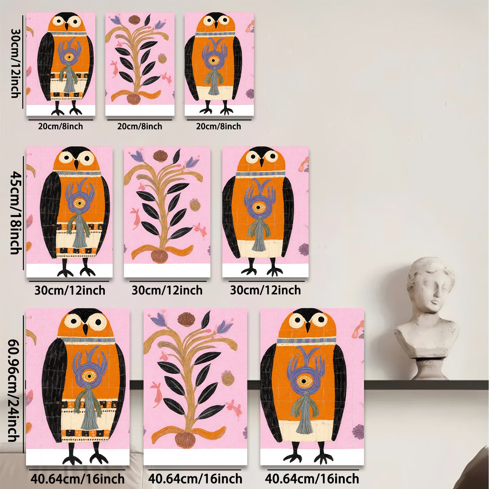 2D flat 1pc Whimsical Owl Pair Botanical Illustration Gallery Wall Art Decor Living Room Bedroom Modern Farmhouse Style Colorful Accent Piece