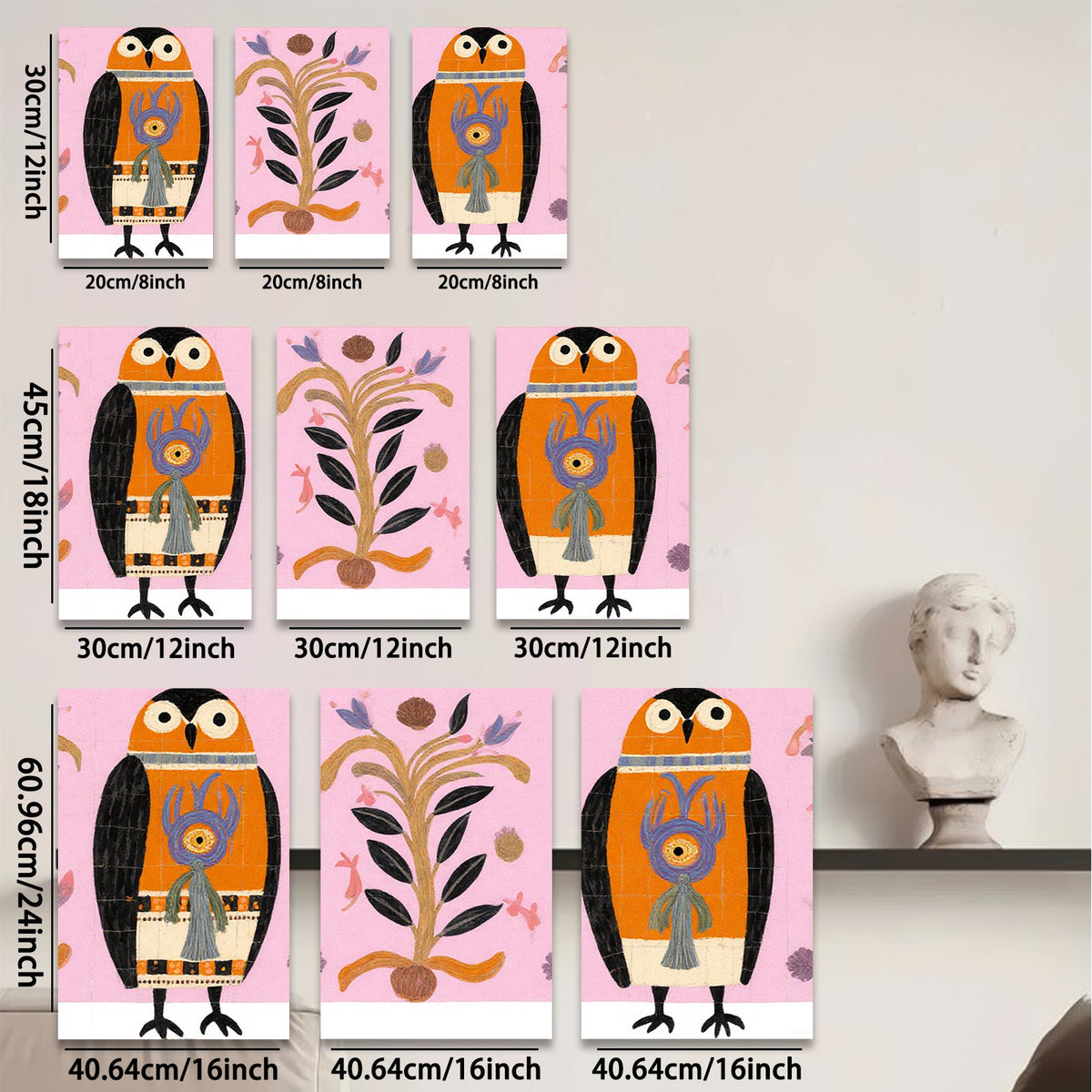 2D flat 1pc Whimsical Owl Pair Botanical Illustration Gallery Wall Art Decor Living Room Bedroom Modern Farmhouse Style Colorful Accent Piece