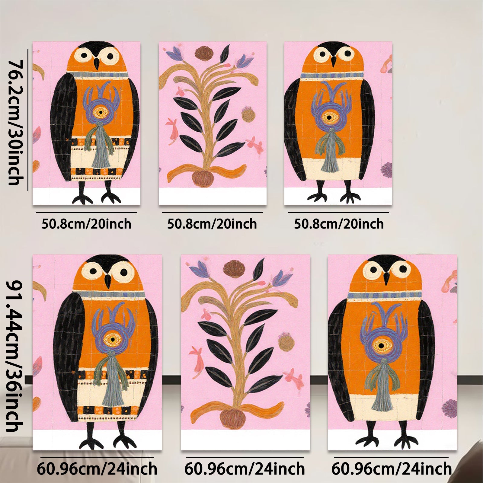 2D flat 1pc Whimsical Owl Pair Botanical Illustration Gallery Wall Art Decor Living Room Bedroom Modern Farmhouse Style Colorful Accent Piece