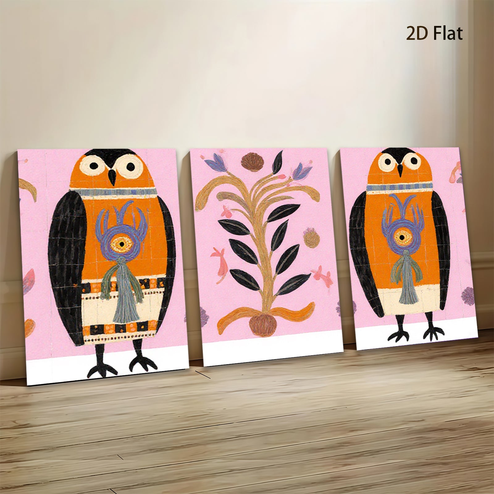 2D flat 1pc Whimsical Owl Pair Botanical Illustration Gallery Wall Art Decor Living Room Bedroom Modern Farmhouse Style Colorful Accent Piece