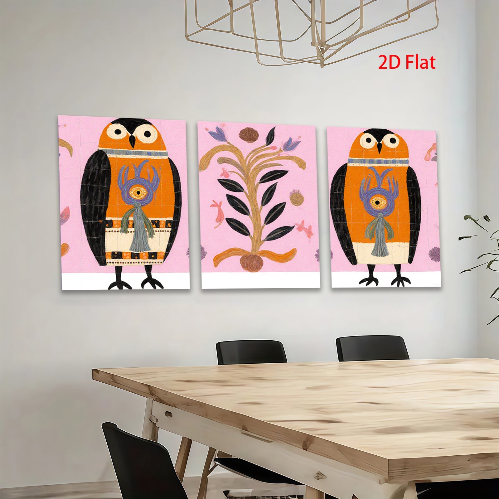 2D flat 1pc Whimsical Owl Pair Botanical Illustration Gallery Wall Art Decor Living Room Bedroom Modern Farmhouse Style Colorful Accent Piece