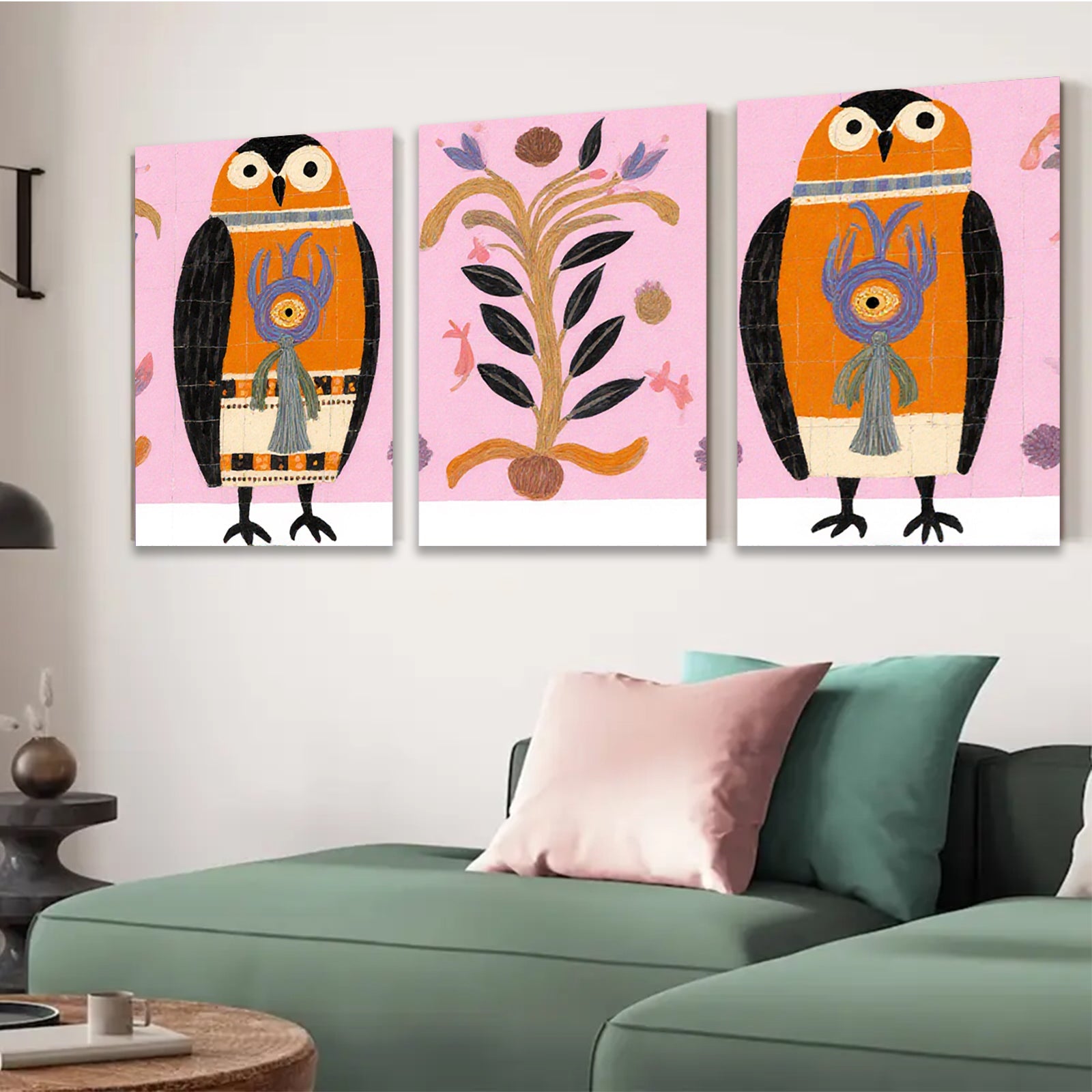 2D flat 1pc Whimsical Owl Pair Botanical Illustration Gallery Wall Art Decor Living Room Bedroom Modern Farmhouse Style Colorful Accent Piece