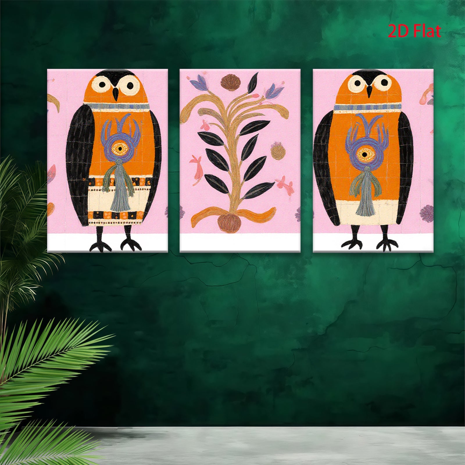 2D flat 1pc Whimsical Owl Pair Botanical Illustration Gallery Wall Art Decor Living Room Bedroom Modern Farmhouse Style Colorful Accent Piece