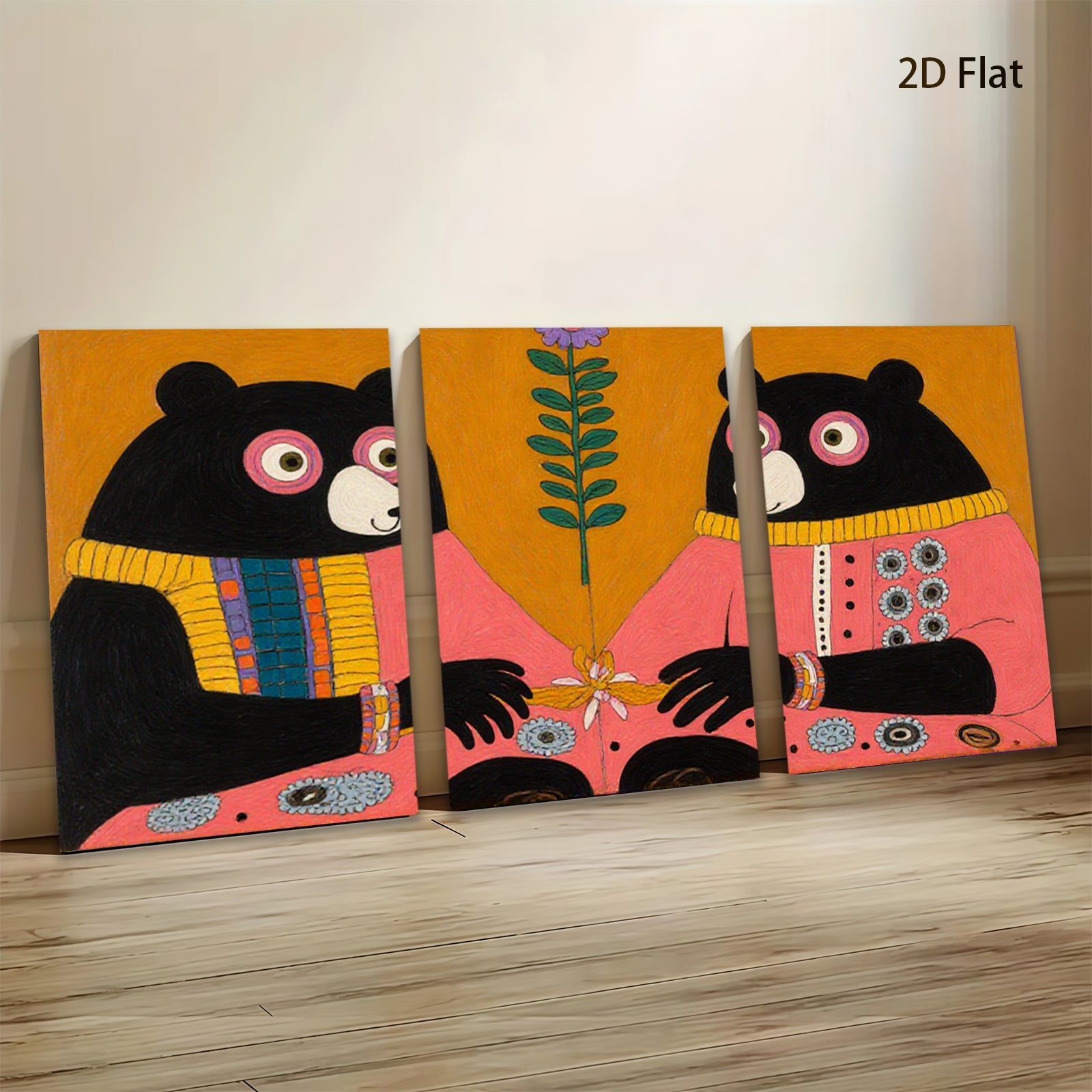 2D flat 1pc Whimsical Pink Sweater Bears Floral Centerpiece Charming Farmhouse Wall Decor Gallery Wrapped Canvas Print Modern Living Room Bedroom Decor