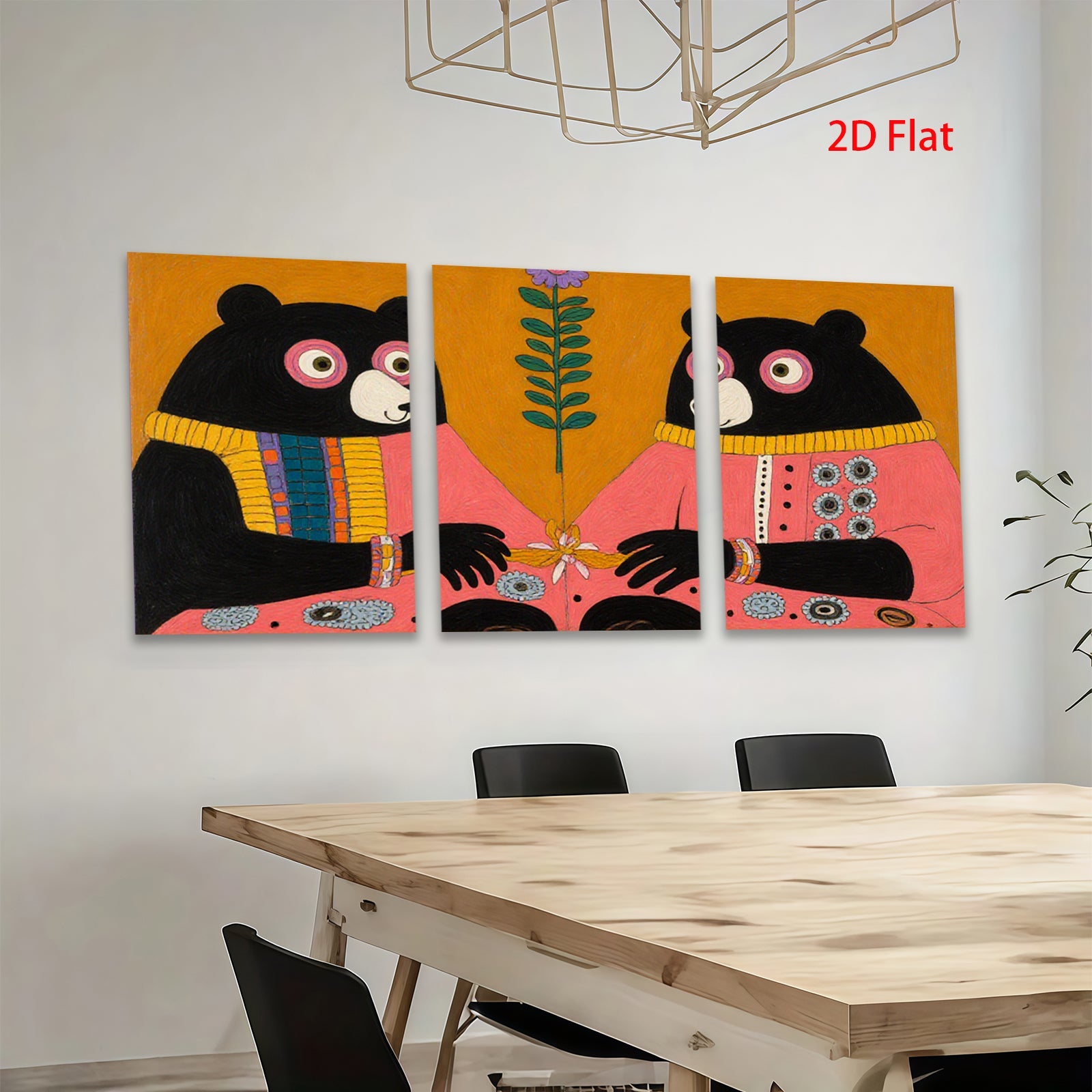 2D flat 1pc Whimsical Pink Sweater Bears Floral Centerpiece Charming Farmhouse Wall Decor Gallery Wrapped Canvas Print Modern Living Room Bedroom Decor
