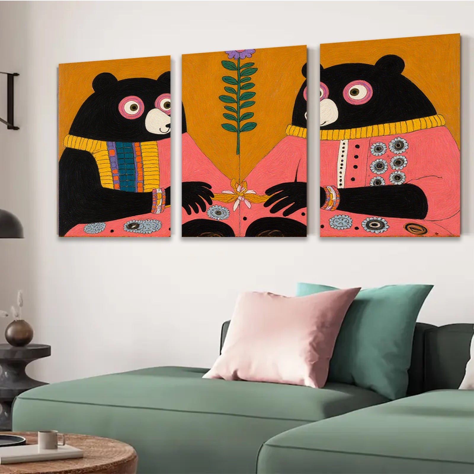 2D flat 1pc Whimsical Pink Sweater Bears Floral Centerpiece Charming Farmhouse Wall Decor Gallery Wrapped Canvas Print Modern Living Room Bedroom Decor