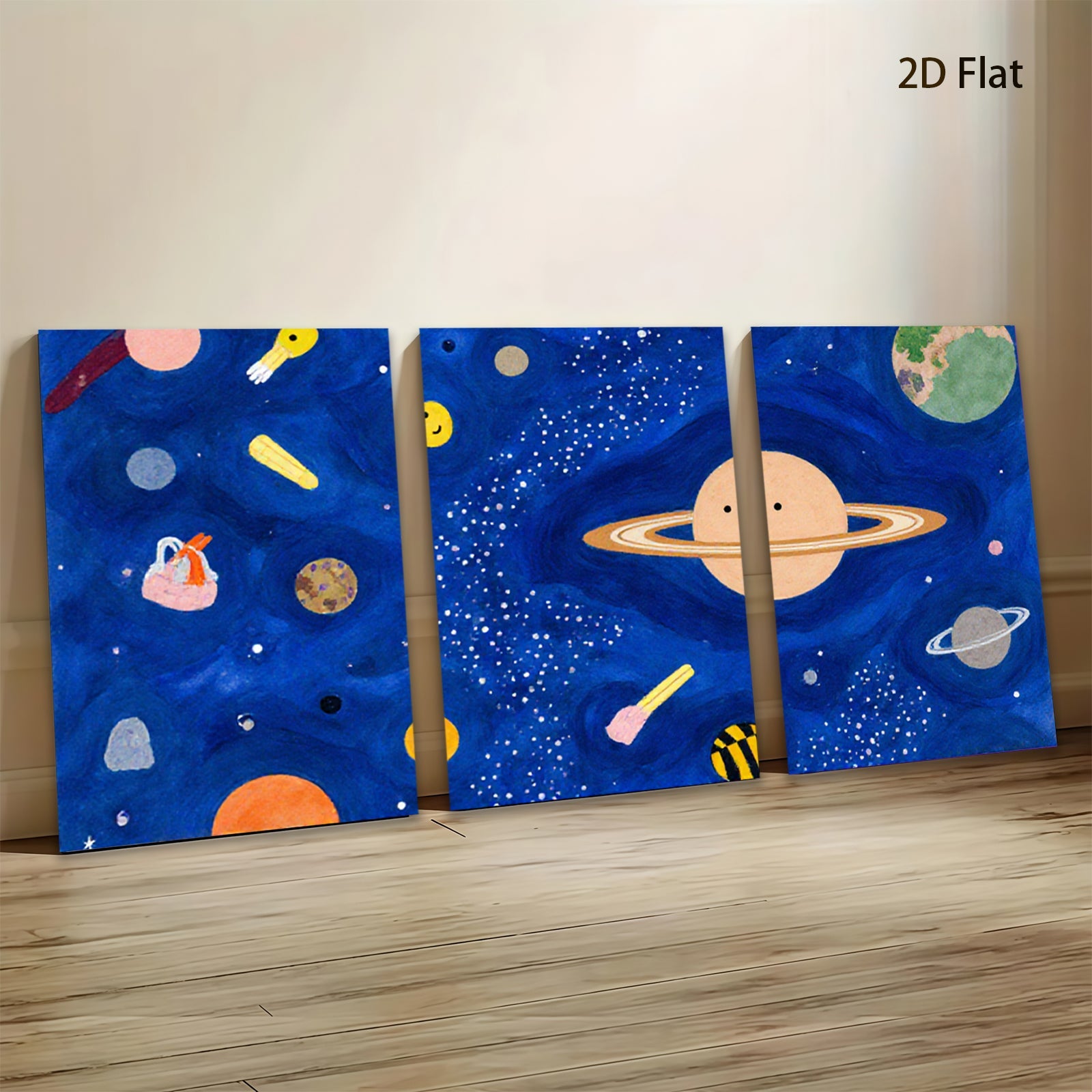 2D flat 1pc Whimsical Planet Space Art Kids Room Decor Nursery Wall Art Modern Minimalist Aesthetic Gallery Wrapped Canvas Print