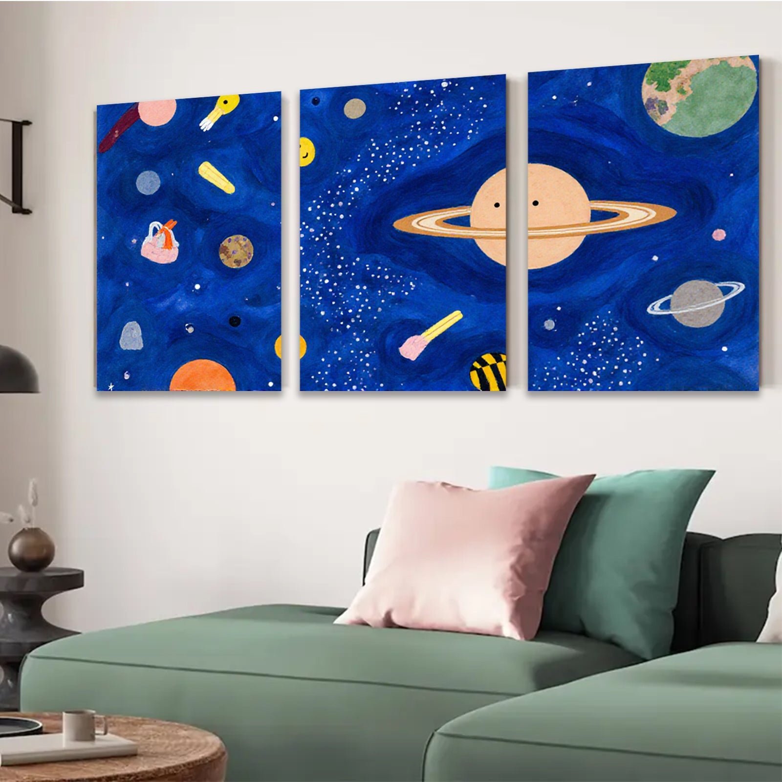 2D flat 1pc Whimsical Planet Space Art Kids Room Decor Nursery Wall Art Modern Minimalist Aesthetic Gallery Wrapped Canvas Print