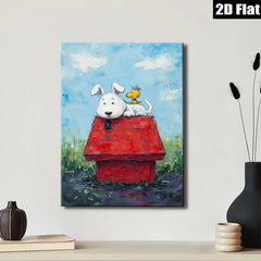 2D flat 1pc Whimsical Pup & Chick Red Doghouse Farmhouse Wall Decor Living Room Bedroom Gallery Wrapped Canvas Prints Modern Art Home Decorations