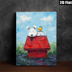 2D flat 1pc Whimsical Pup & Chick Red Doghouse Farmhouse Wall Decor Living Room Bedroom Gallery Wrapped Canvas Prints Modern Art Home Decorations