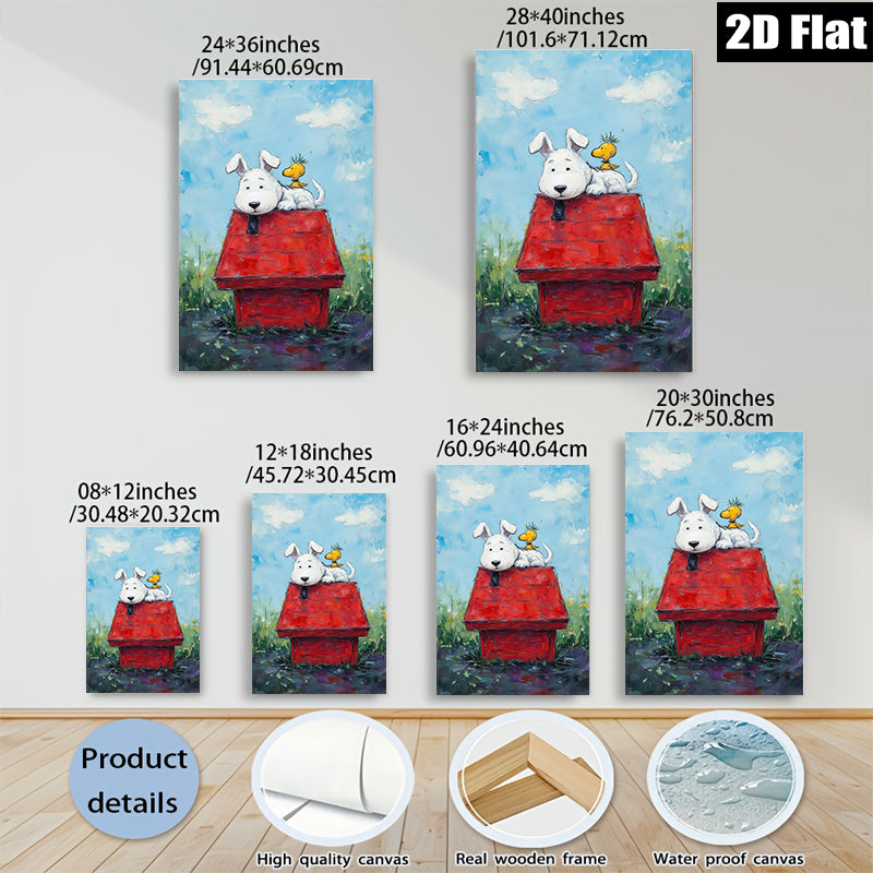 2D flat 1pc Whimsical Pup & Chick Red Doghouse Farmhouse Wall Decor Living Room Bedroom Gallery Wrapped Canvas Prints Modern Art Home Decorations