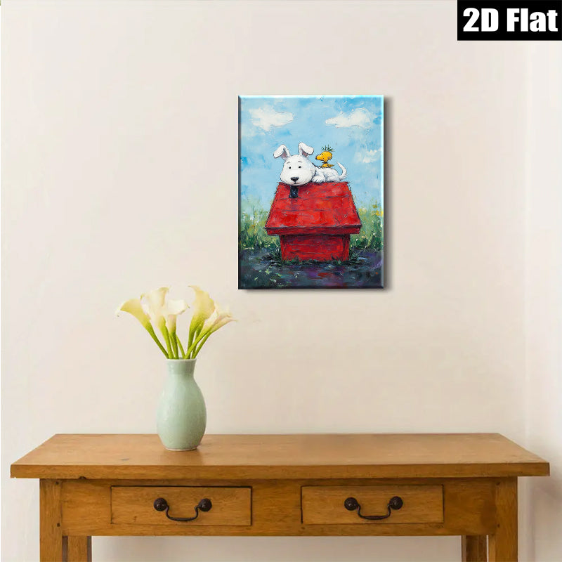 2D flat 1pc Whimsical Pup & Chick Red Doghouse Farmhouse Wall Decor Living Room Bedroom Gallery Wrapped Canvas Prints Modern Art Home Decorations