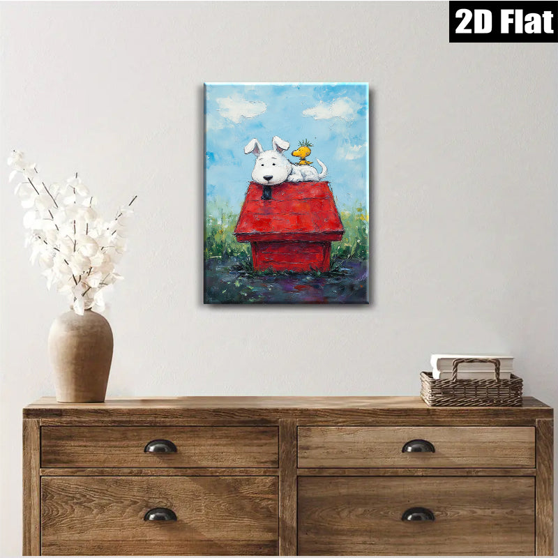 2D flat 1pc Whimsical Pup & Chick Red Doghouse Farmhouse Wall Decor Living Room Bedroom Gallery Wrapped Canvas Prints Modern Art Home Decorations