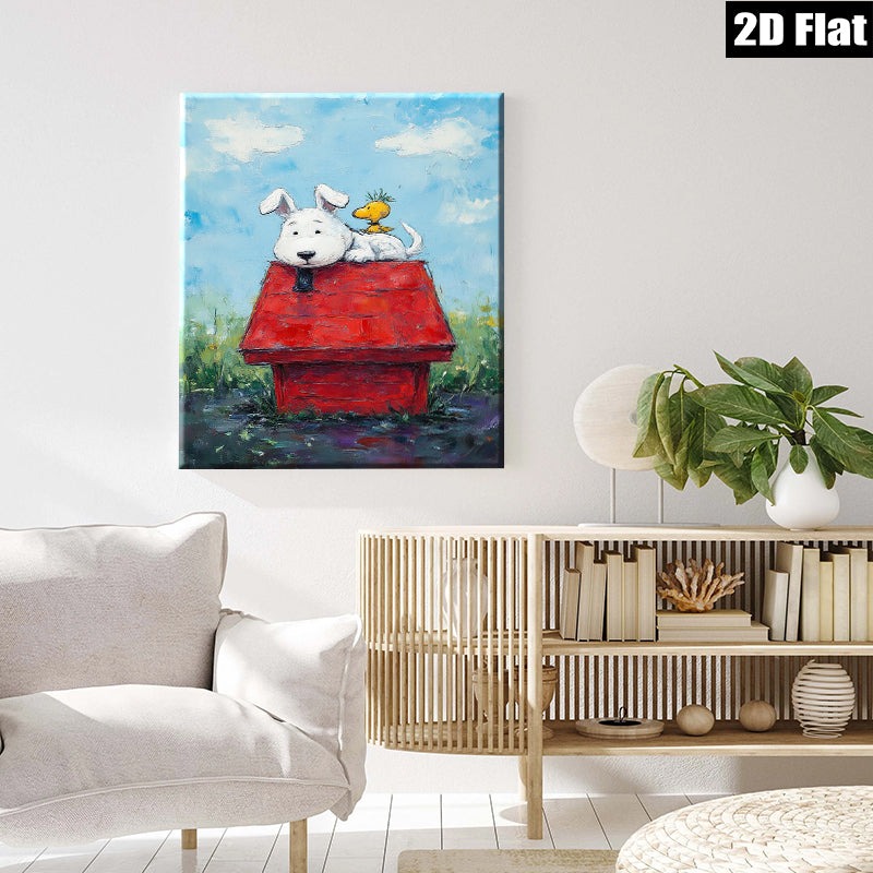 2D flat 1pc Whimsical Pup & Chick Red Doghouse Farmhouse Wall Decor Living Room Bedroom Gallery Wrapped Canvas Prints Modern Art Home Decorations