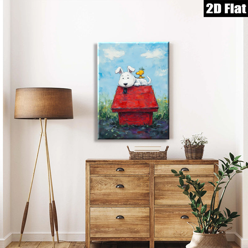 2D flat 1pc Whimsical Pup & Chick Red Doghouse Farmhouse Wall Decor Living Room Bedroom Gallery Wrapped Canvas Prints Modern Art Home Decorations