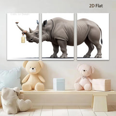 2D flat 1pc Whimsical Rhino with Drink Farmhouse Wall Art for Living Room Bedroom Decor Modern Canvas Prints Animal Paintings Coastal Style