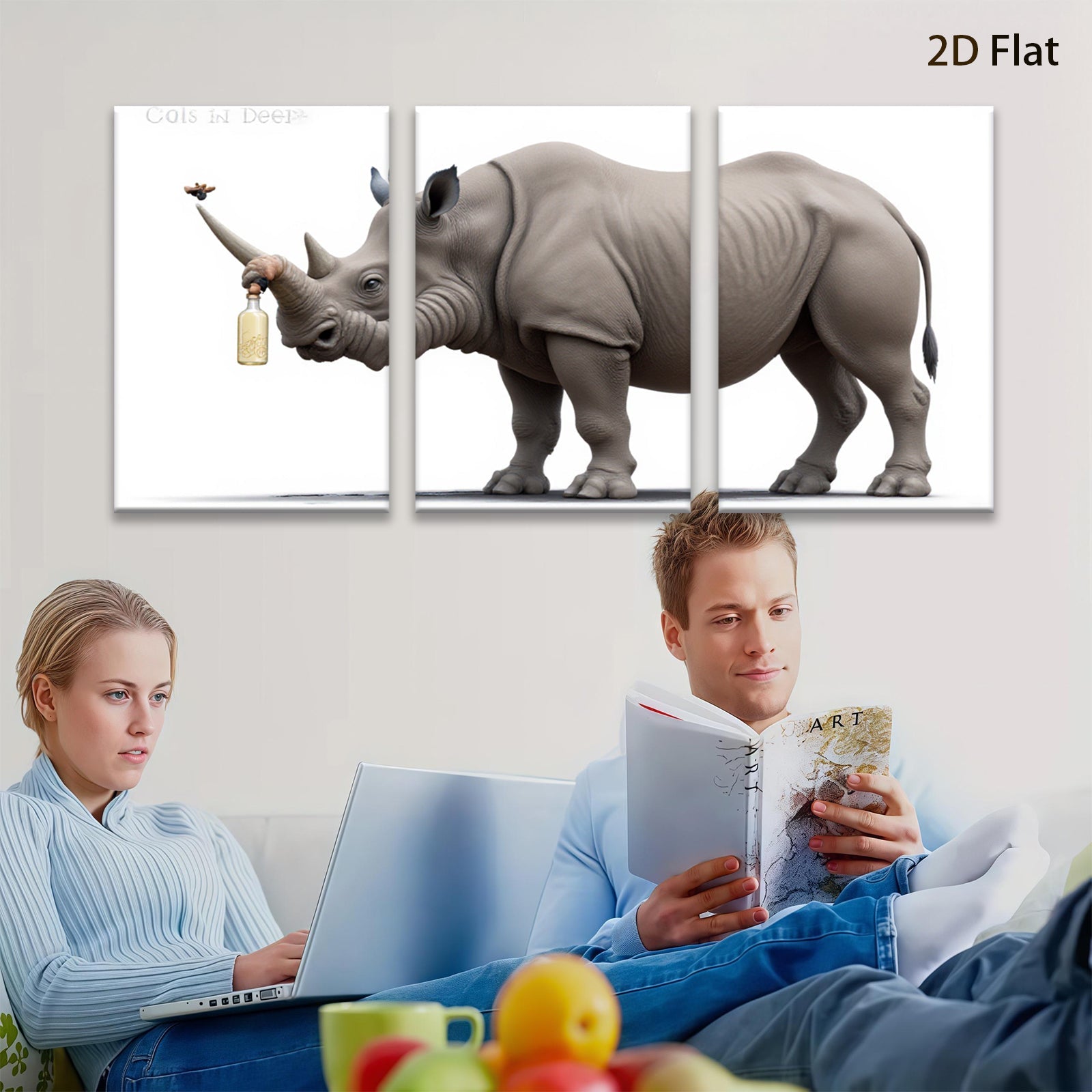 2D flat 1pc Whimsical Rhino with Drink Farmhouse Wall Art for Living Room Bedroom Decor Modern Canvas Prints Animal Paintings Coastal Style