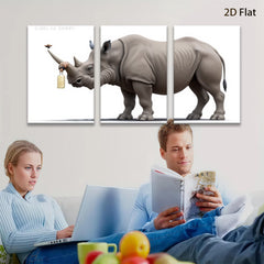 2D flat 1pc Whimsical Rhino with Drink Farmhouse Wall Art for Living Room Bedroom Decor Modern Canvas Prints Animal Paintings Coastal Style