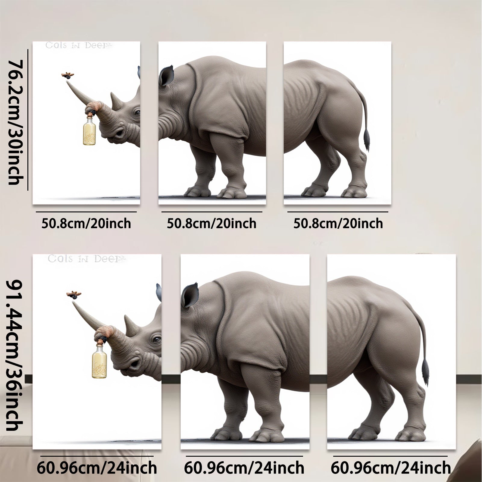 2D flat 1pc Whimsical Rhino with Drink Farmhouse Wall Art for Living Room Bedroom Decor Modern Canvas Prints Animal Paintings Coastal Style
