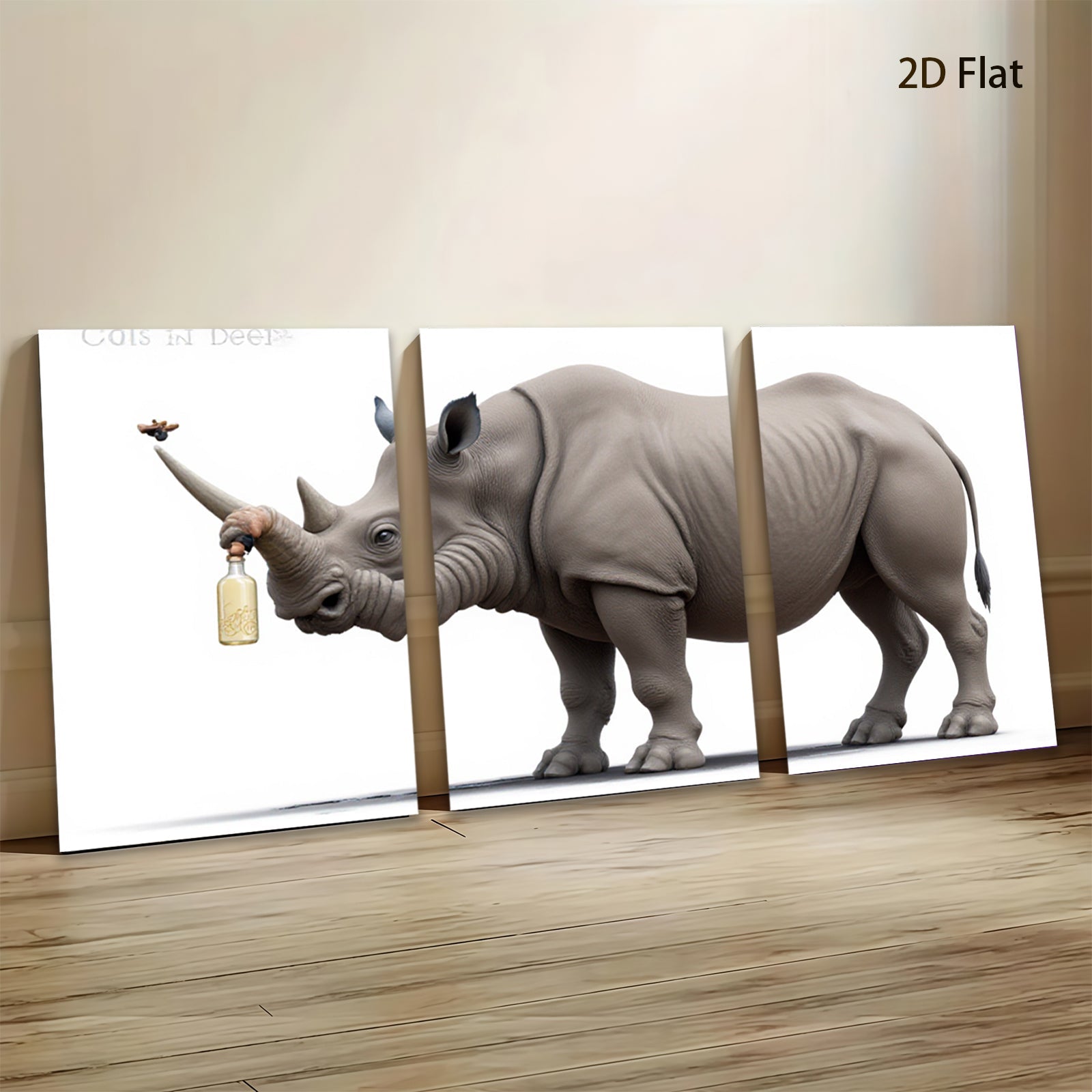 2D flat 1pc Whimsical Rhino with Drink Farmhouse Wall Art for Living Room Bedroom Decor Modern Canvas Prints Animal Paintings Coastal Style