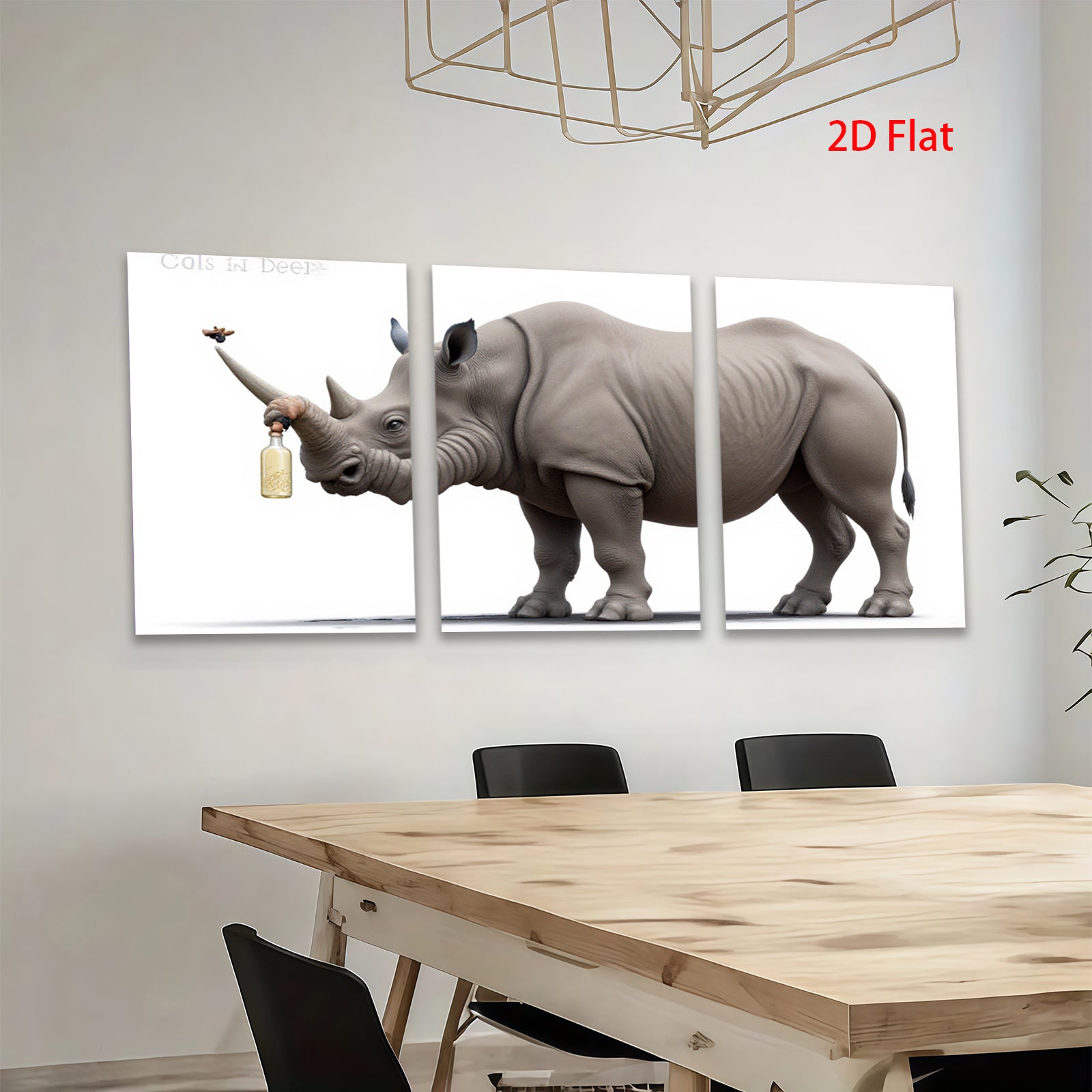 2D flat 1pc Whimsical Rhino with Drink Farmhouse Wall Art for Living Room Bedroom Decor Modern Canvas Prints Animal Paintings Coastal Style