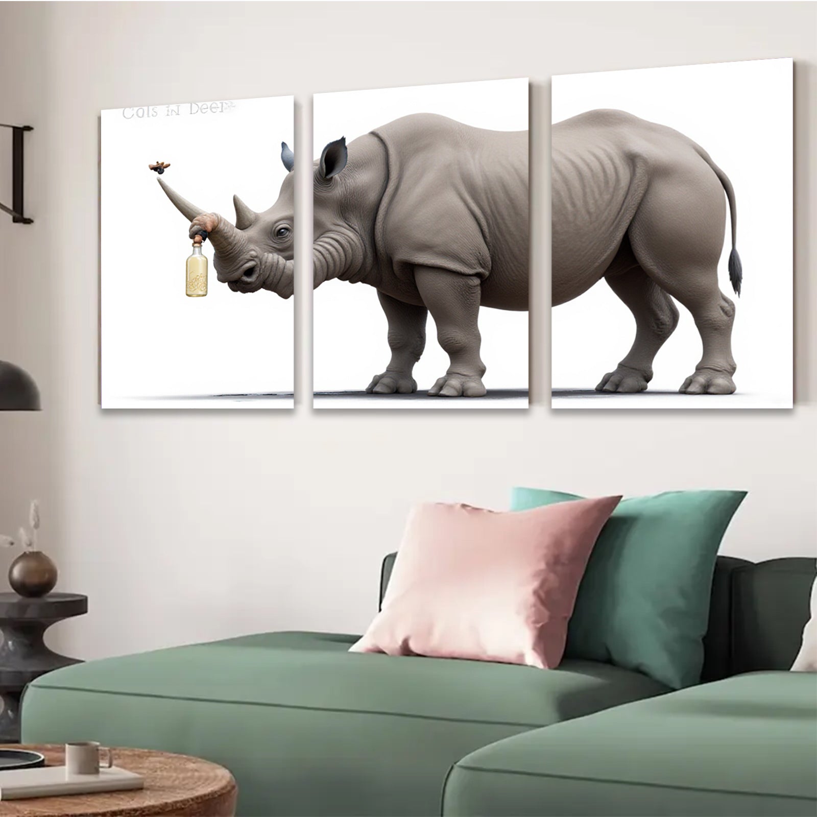 2D flat 1pc Whimsical Rhino with Drink Farmhouse Wall Art for Living Room Bedroom Decor Modern Canvas Prints Animal Paintings Coastal Style