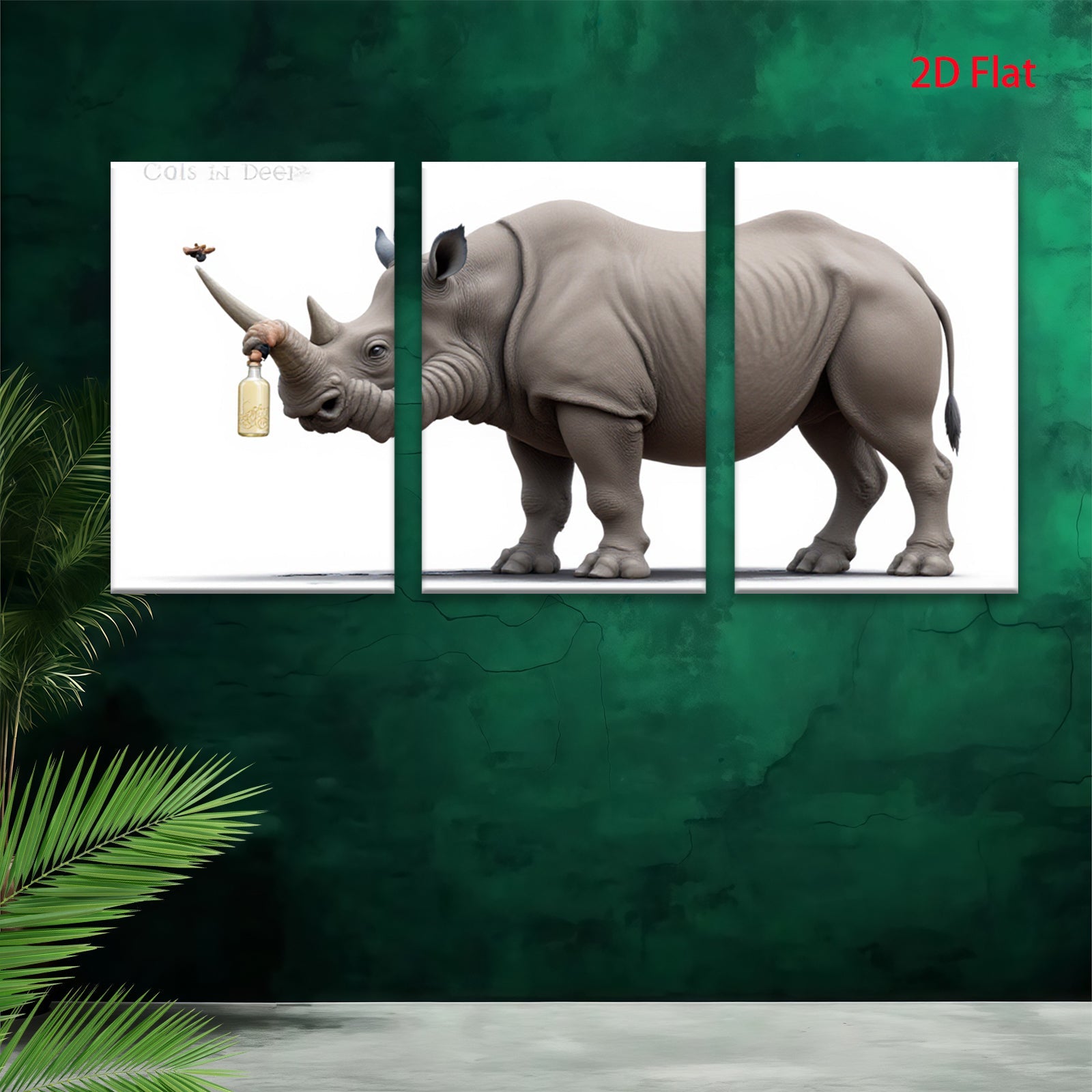 2D flat 1pc Whimsical Rhino with Drink Farmhouse Wall Art for Living Room Bedroom Decor Modern Canvas Prints Animal Paintings Coastal Style