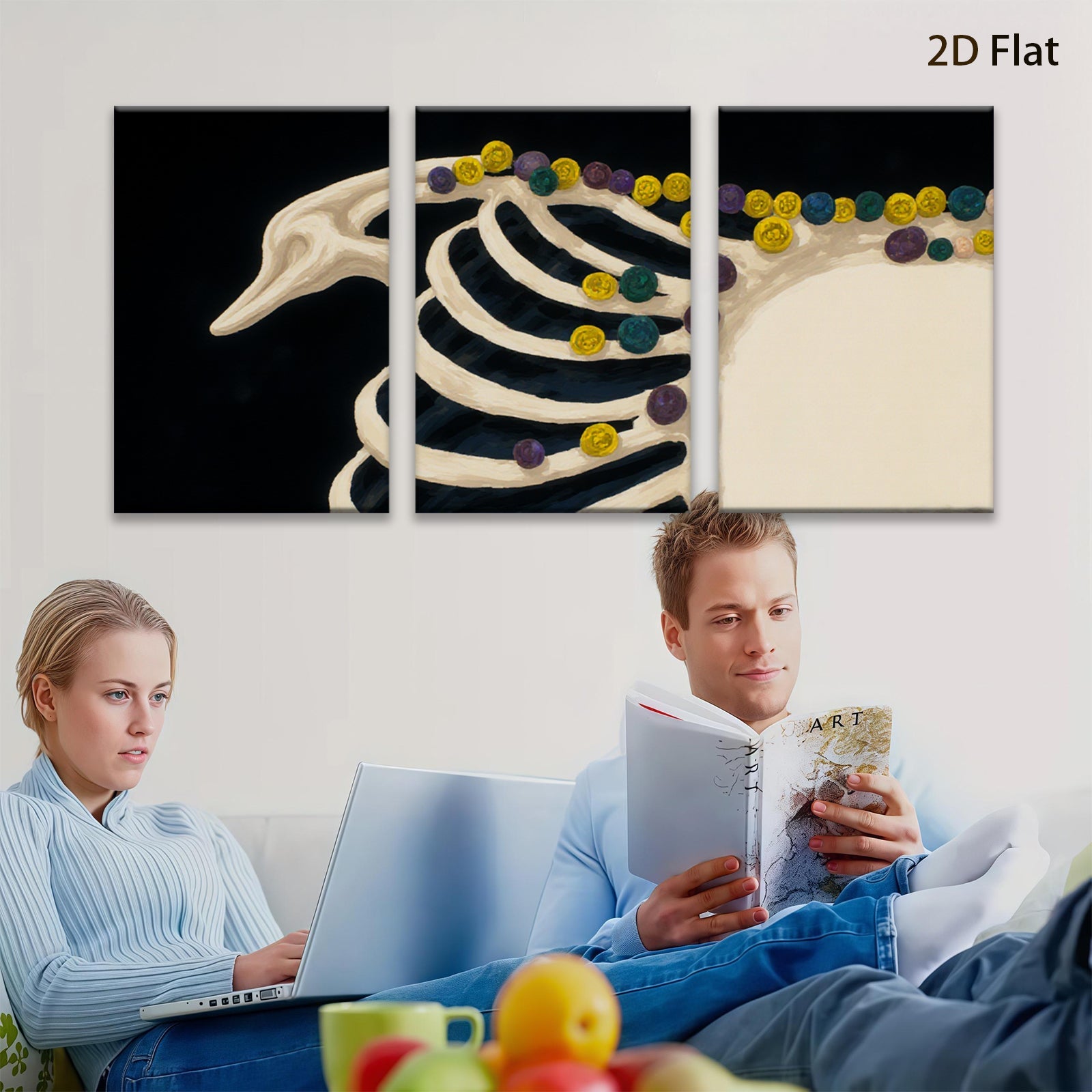 2D flat 1pc Whimsical Ribcage Floral Botanical Wall Art Decor Living Room Bedroom Gallery Wrapped Canvas Prints Modern Farmhouse Style Chic Home Accents