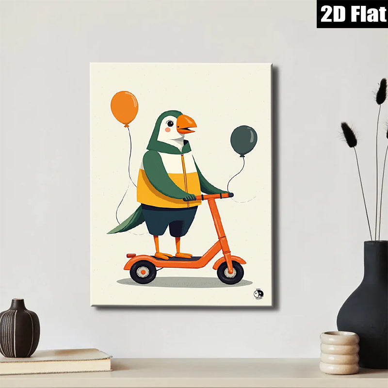2D flat 1pc Whimsical Scooter Bird Wall Art Prints Modern Farmhouse Decor Kids Room Playroom Gallery Wrapped Canvas Prints Ready to Hang Coastal Beach Theme