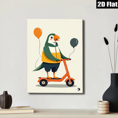 2D flat 1pc Whimsical Scooter Bird Wall Art Prints Modern Farmhouse Decor Kids Room Playroom Gallery Wrapped Canvas Prints Ready to Hang Coastal Beach Theme