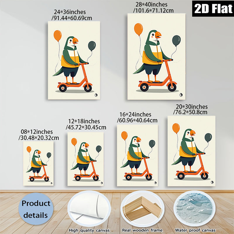 2D flat 1pc Whimsical Scooter Bird Wall Art Prints Modern Farmhouse Decor Kids Room Playroom Gallery Wrapped Canvas Prints Ready to Hang Coastal Beach Theme