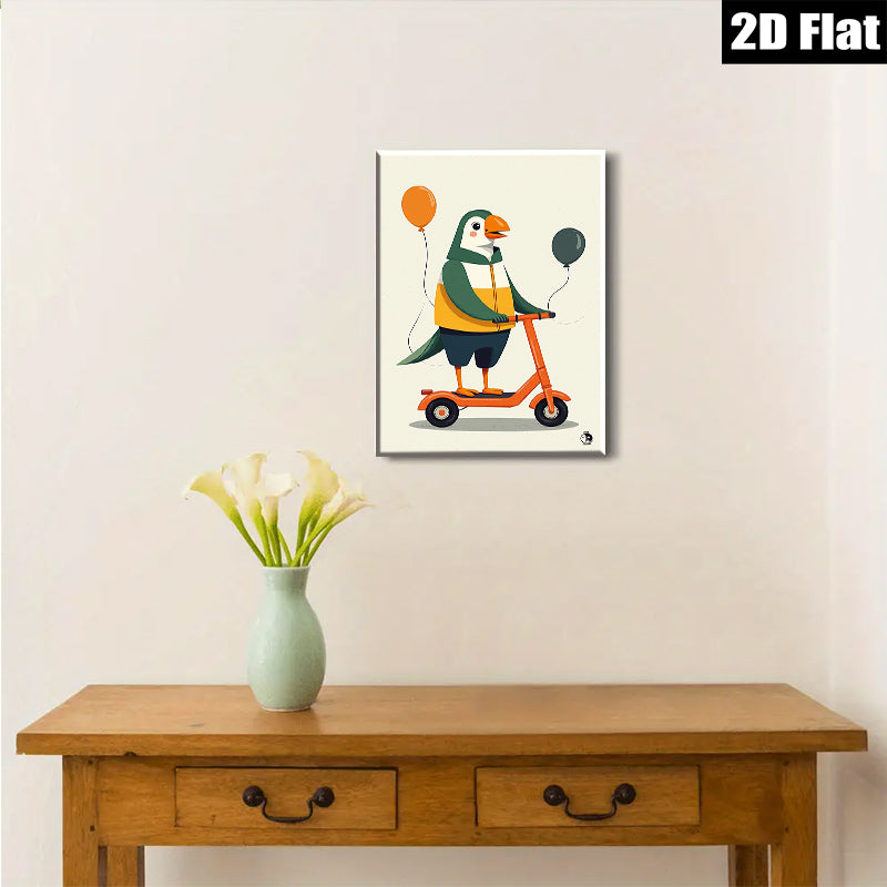 2D flat 1pc Whimsical Scooter Bird Wall Art Prints Modern Farmhouse Decor Kids Room Playroom Gallery Wrapped Canvas Prints Ready to Hang Coastal Beach Theme