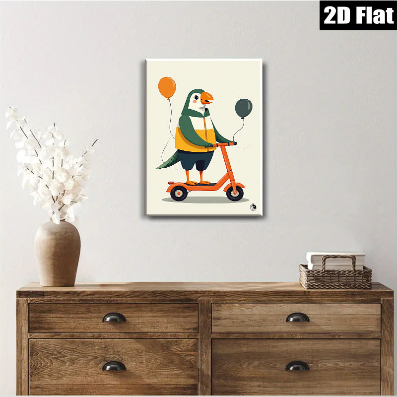 2D flat 1pc Whimsical Scooter Bird Wall Art Prints Modern Farmhouse Decor Kids Room Playroom Gallery Wrapped Canvas Prints Ready to Hang Coastal Beach Theme