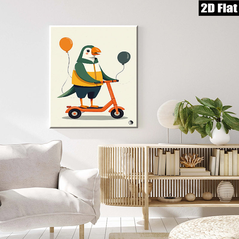 2D flat 1pc Whimsical Scooter Bird Wall Art Prints Modern Farmhouse Decor Kids Room Playroom Gallery Wrapped Canvas Prints Ready to Hang Coastal Beach Theme