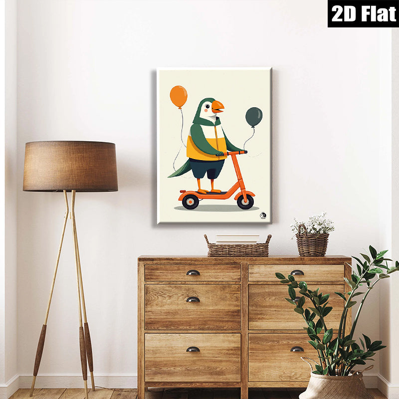 2D flat 1pc Whimsical Scooter Bird Wall Art Prints Modern Farmhouse Decor Kids Room Playroom Gallery Wrapped Canvas Prints Ready to Hang Coastal Beach Theme