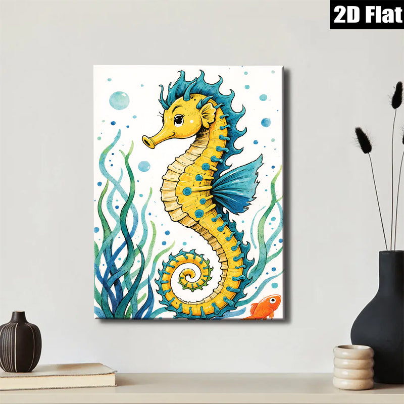 2D flat 1pc Whimsical Seahorse Ocean Wall Art Coastal Decor Bathroom Kids Room Nursery Playroom Gallery Wrapped Canvas Print Ready To Hang Modern Farmhouse