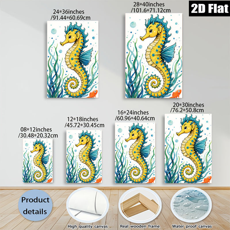 2D flat 1pc Whimsical Seahorse Ocean Wall Art Coastal Decor Bathroom Kids Room Nursery Playroom Gallery Wrapped Canvas Print Ready To Hang Modern Farmhouse