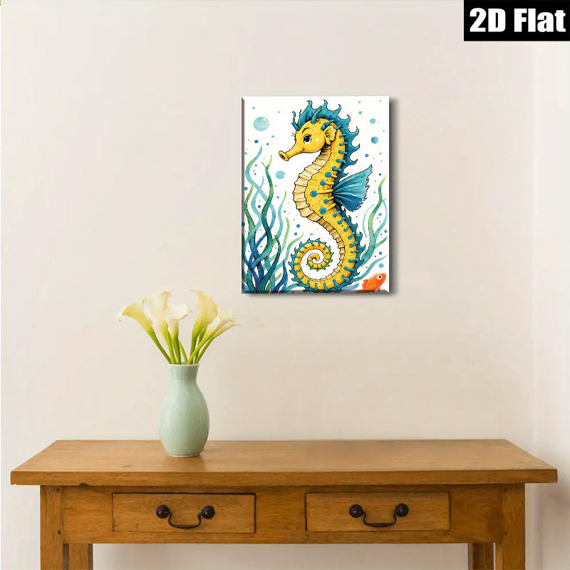 2D flat 1pc Whimsical Seahorse Ocean Wall Art Coastal Decor Bathroom Kids Room Nursery Playroom Gallery Wrapped Canvas Print Ready To Hang Modern Farmhouse