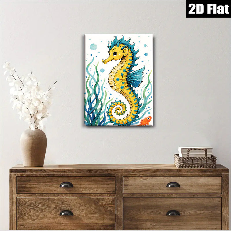 2D flat 1pc Whimsical Seahorse Ocean Wall Art Coastal Decor Bathroom Kids Room Nursery Playroom Gallery Wrapped Canvas Print Ready To Hang Modern Farmhouse