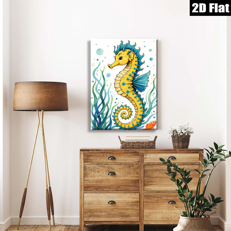 2D flat 1pc Whimsical Seahorse Ocean Wall Art Coastal Decor Bathroom Kids Room Nursery Playroom Gallery Wrapped Canvas Print Ready To Hang Modern Farmhouse