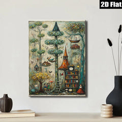 2D flat 1pc Whimsical Storybook Tower Garden Fantasy Landscape Wall Art Decor for Living Room Bedroom Office Gallery Wrapped Canvas Prints Modern Farmhouse Style