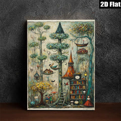 2D flat 1pc Whimsical Storybook Tower Garden Fantasy Landscape Wall Art Decor for Living Room Bedroom Office Gallery Wrapped Canvas Prints Modern Farmhouse Style