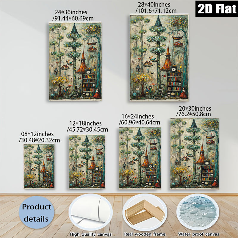 2D flat 1pc Whimsical Storybook Tower Garden Fantasy Landscape Wall Art Decor for Living Room Bedroom Office Gallery Wrapped Canvas Prints Modern Farmhouse Style