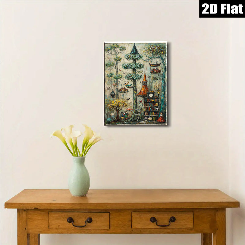 2D flat 1pc Whimsical Storybook Tower Garden Fantasy Landscape Wall Art Decor for Living Room Bedroom Office Gallery Wrapped Canvas Prints Modern Farmhouse Style
