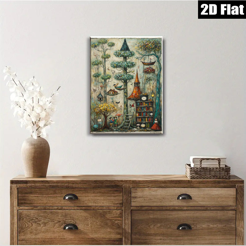 2D flat 1pc Whimsical Storybook Tower Garden Fantasy Landscape Wall Art Decor for Living Room Bedroom Office Gallery Wrapped Canvas Prints Modern Farmhouse Style