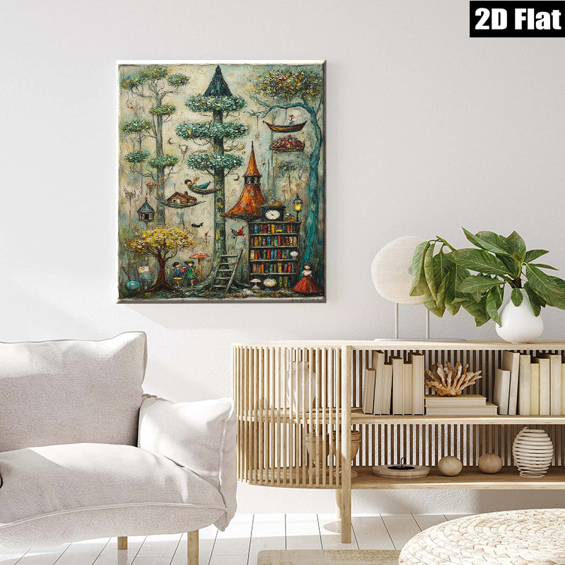 2D flat 1pc Whimsical Storybook Tower Garden Fantasy Landscape Wall Art Decor for Living Room Bedroom Office Gallery Wrapped Canvas Prints Modern Farmhouse Style