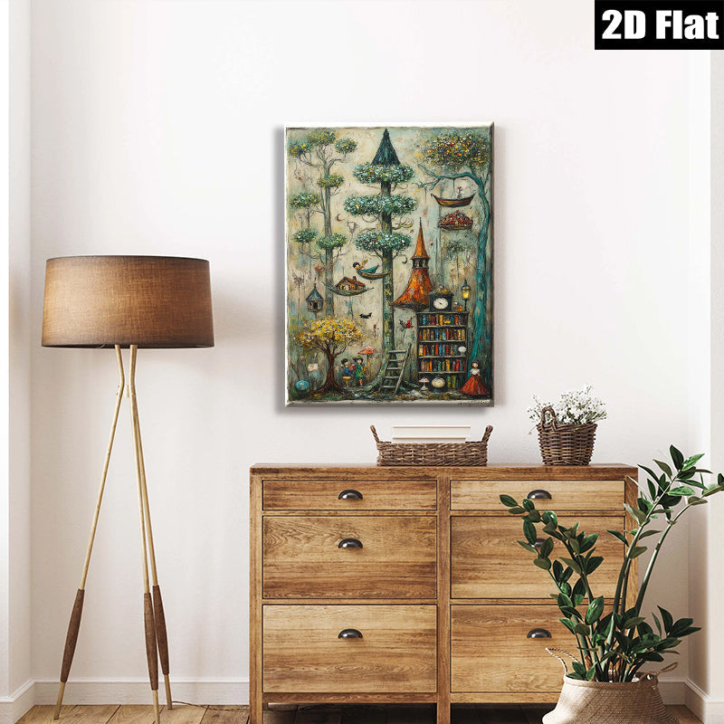 2D flat 1pc Whimsical Storybook Tower Garden Fantasy Landscape Wall Art Decor for Living Room Bedroom Office Gallery Wrapped Canvas Prints Modern Farmhouse Style